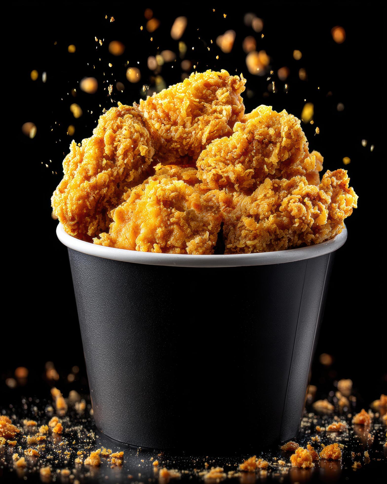 crispy-fried-chicken-golden-breading-crunchy-texture-juicy-meat-black-cup-falling-crumbs-dark-background-fast-food-delight-with-appetizing-crunch-free-photo